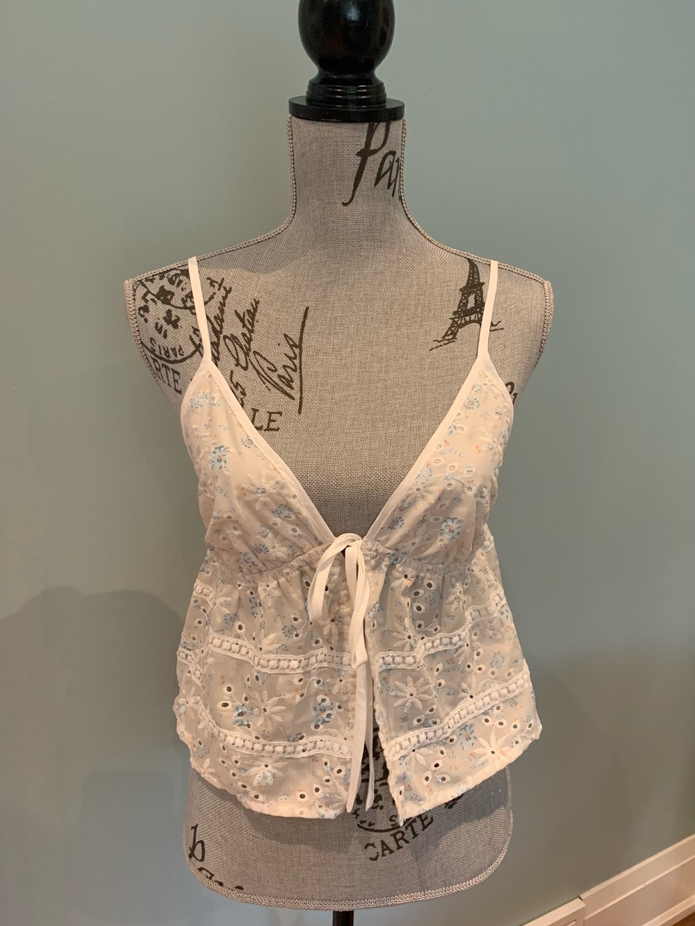 White & Baby Blue Eyelet Tie-Front Camisole Top